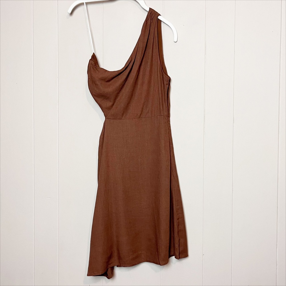 Billy J NWT Cleo Mini Dress 6 Brown One Shoulder Cutout Linen Blend Minimalist - Picture 4 of 13